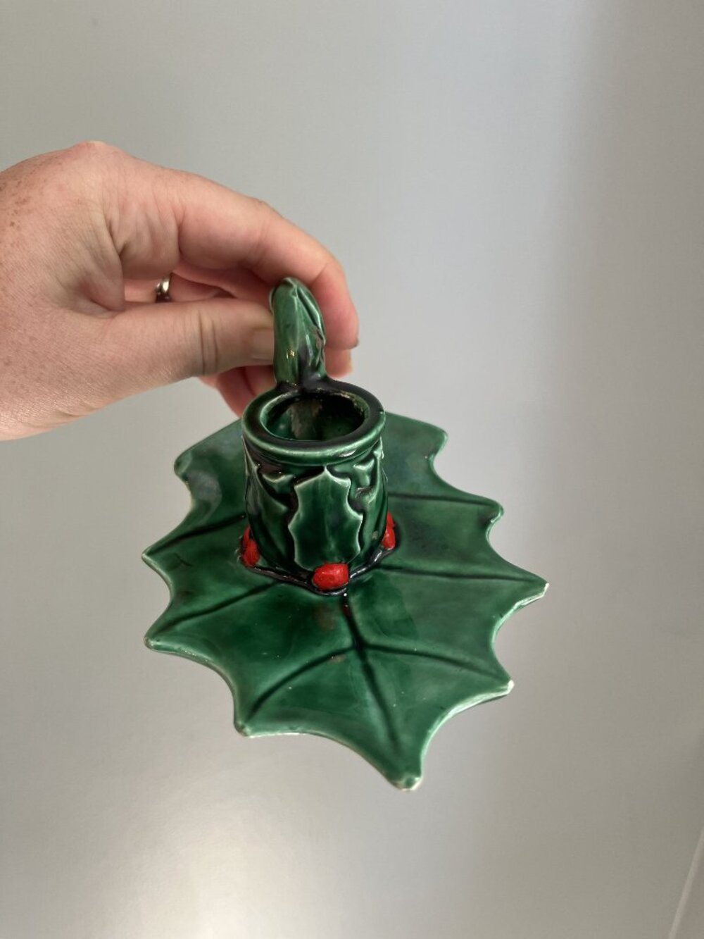 Vintage Ceramic Christmas Holly Leaf Candle Holder With Handle